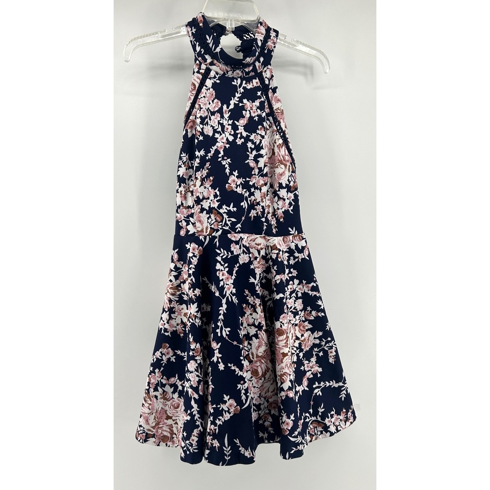 B. Darlin Navy Blue Floral Halter Fit and Flare Dress Size 11/12